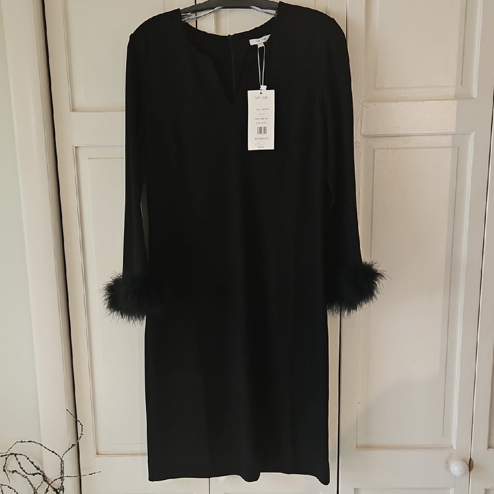 Tyler Boe Black Dress with Feather Cuffs